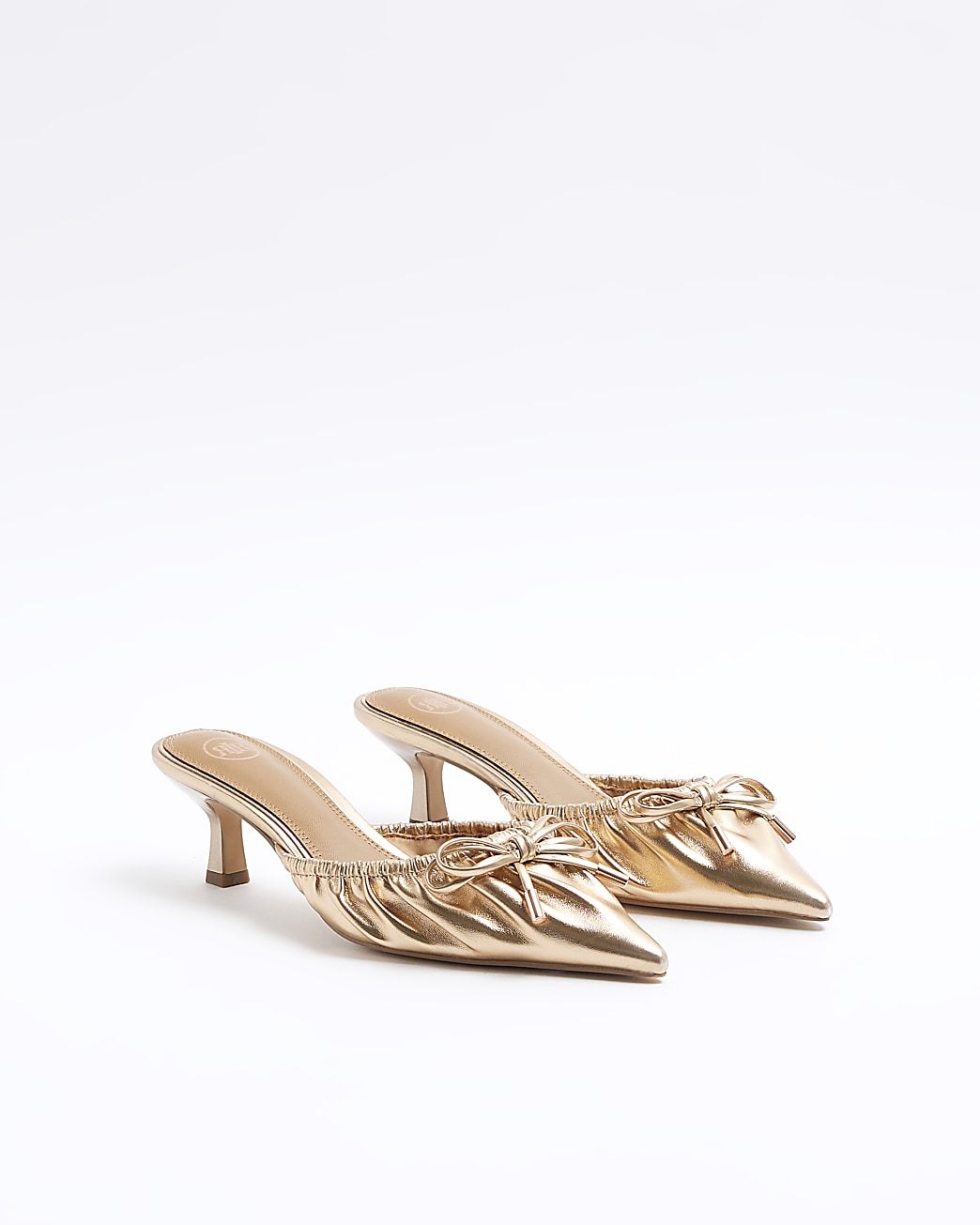 Rose gold ruched kitten heel court shoes | River Island (UK & IE)