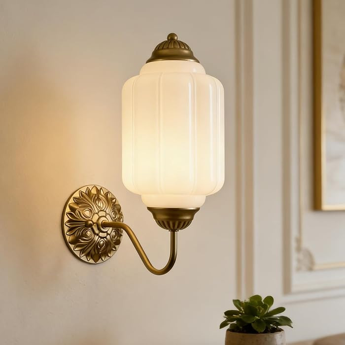 HYDELITE Vintage Milk Glass Wall Sconce with White Pumpkin Shade Gold Wall Light Fixtures,Mid Cen... | Amazon (US)