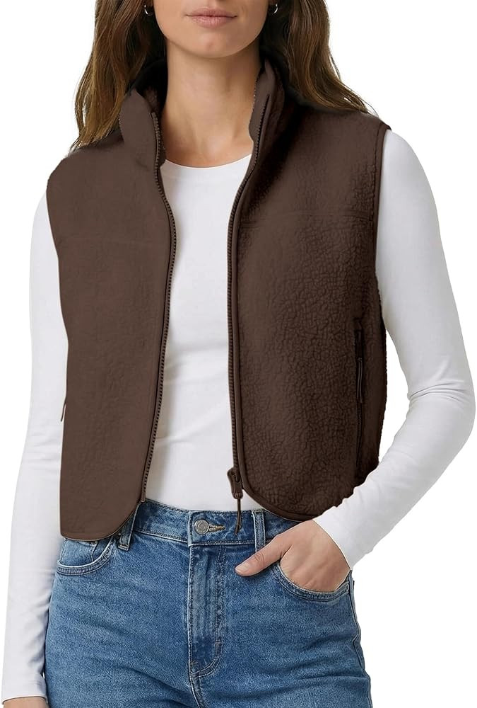 Cropped Fleece Vest Women Zip Up Stand Collar Warm Sherpa Vest Fall Cute Sleeveless Fleece Waistc... | Amazon (US)