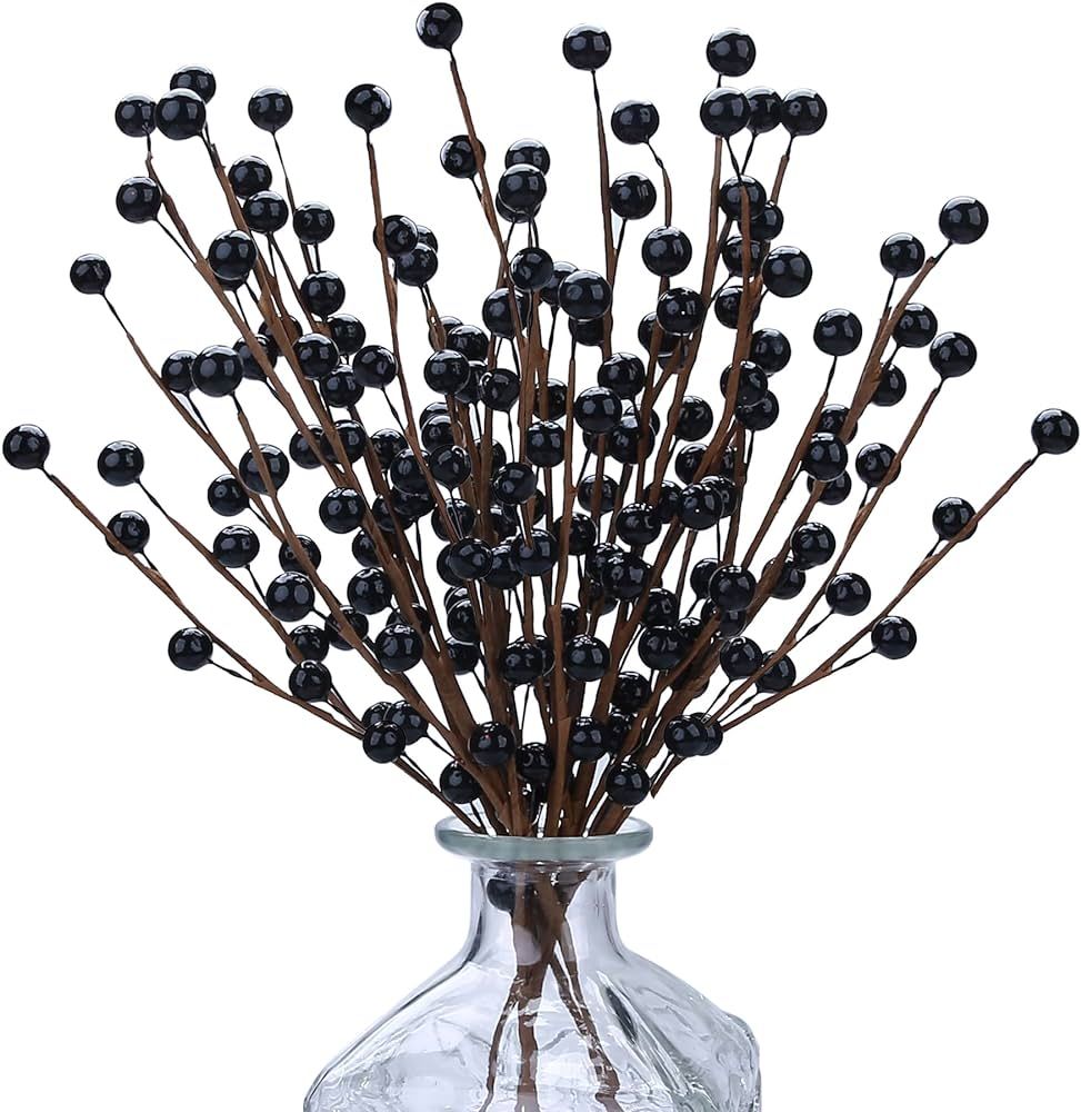 Trimgrace 12 Pack Artificial Black Berry Stems 14" Fake Holly Berry Picks for Halloween Vase Chri... | Amazon (US)