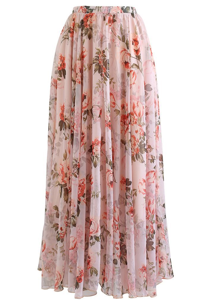 Swirl in Peonies Chiffon Maxi Skirt | Chicwish