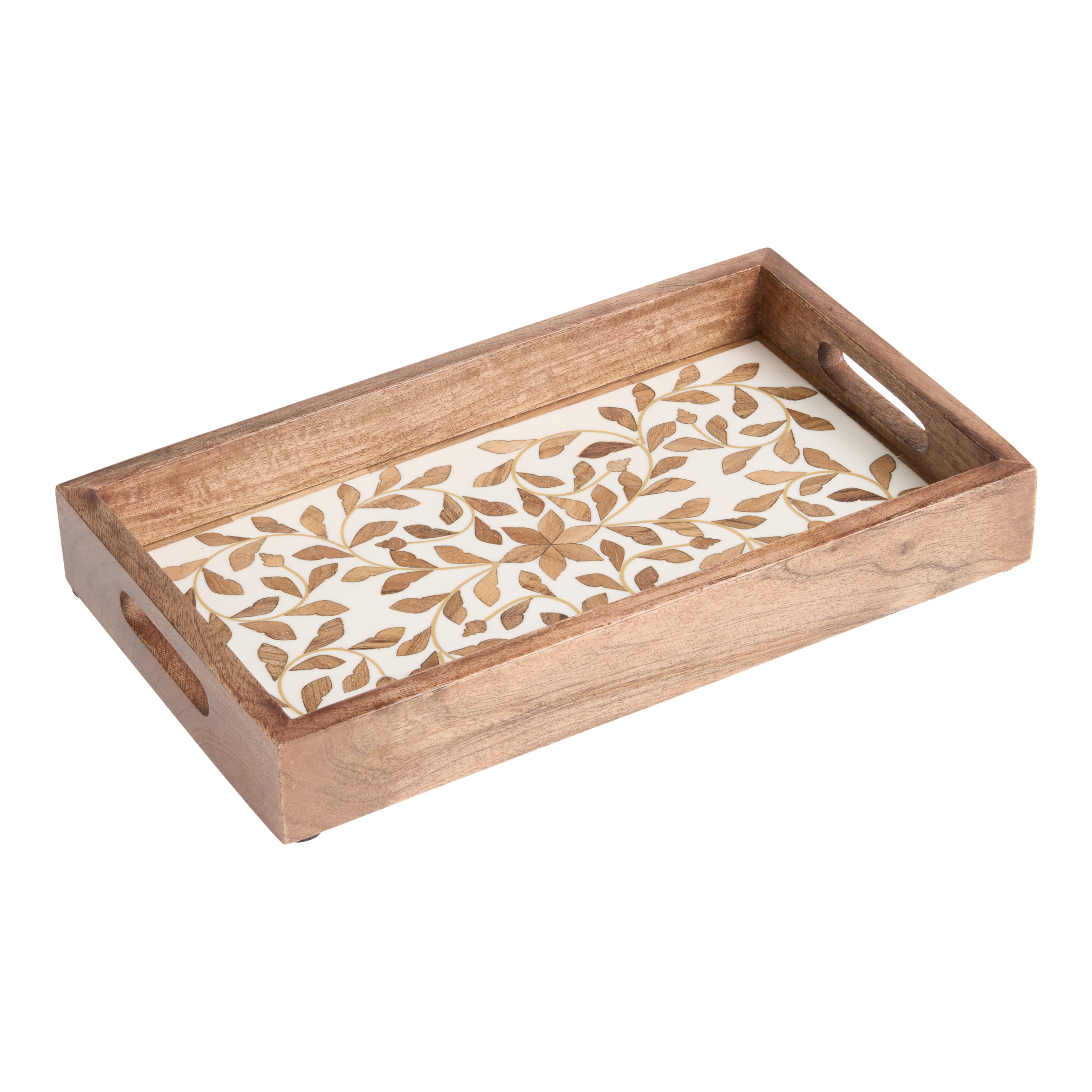White Floral Inlay Wood Cocktail Serving Tray | World Market