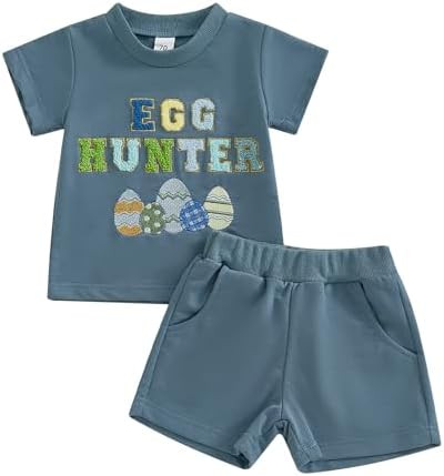 Baby Boy Girl Easter Outfit Egg Letters Embroidery T Shirt Elastic Waist Pockets Shorts Sets Todd... | Amazon (US)