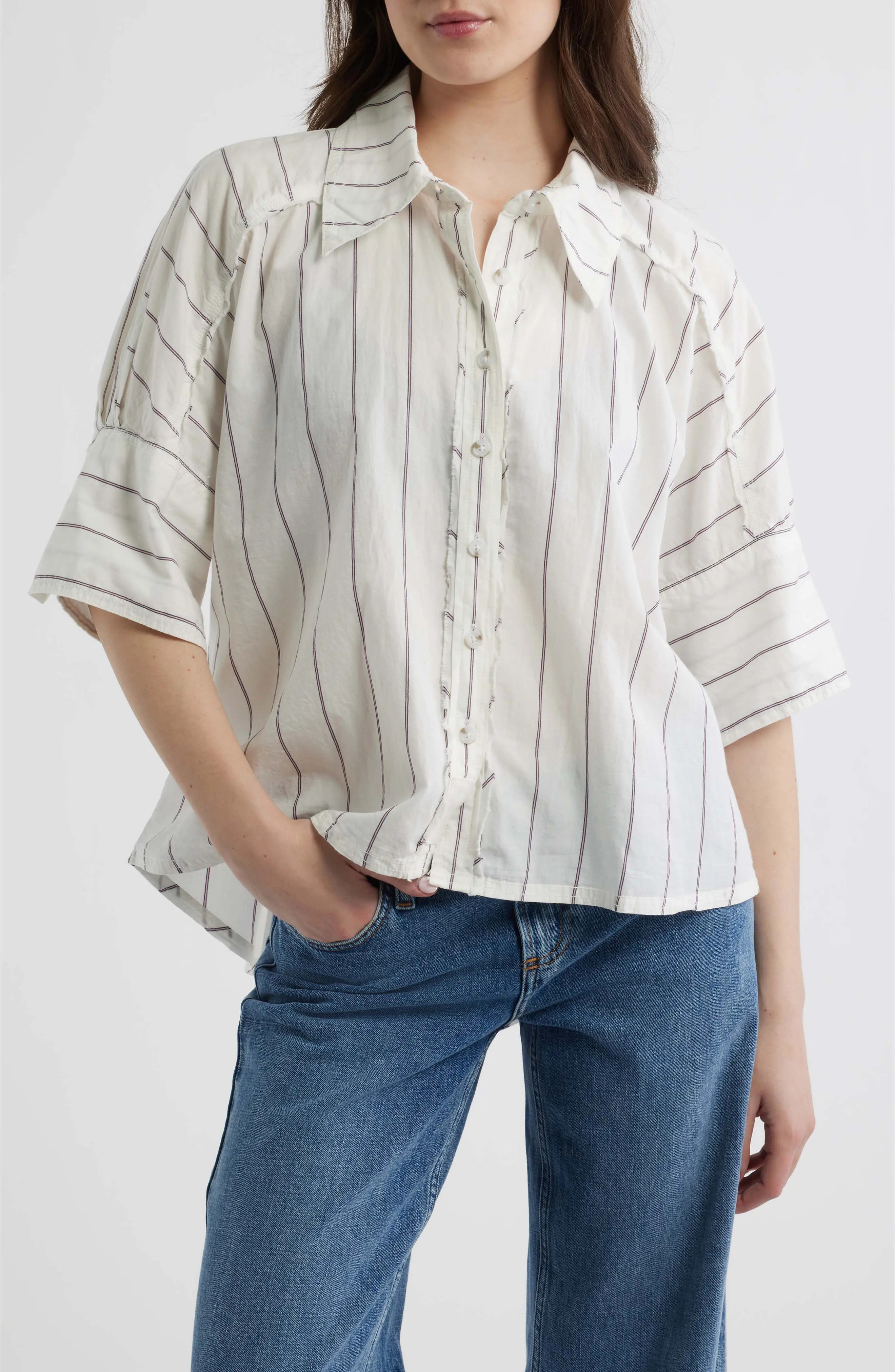 Free People Seaside Stripe Cotton Shirt in Sky Combo at Nordstrom, Size X-Large | Nordstrom