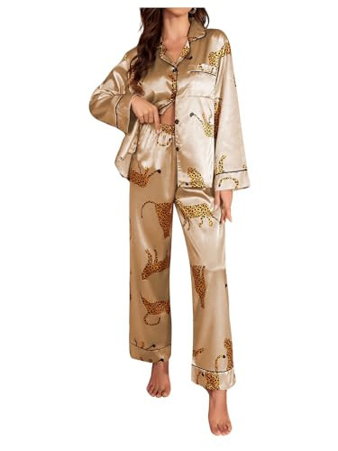 SOLY HUX Women's Leopard Print Silk Satin Pajama Set Long Sleeve Button Down Shirt Pj Set 2 Piece Sleepwear Champagne Leopard Print Small | Amazon (US)