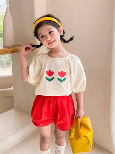 Toddler Girls Floral Print Puff Sleeve Top & Shorts | SHEIN