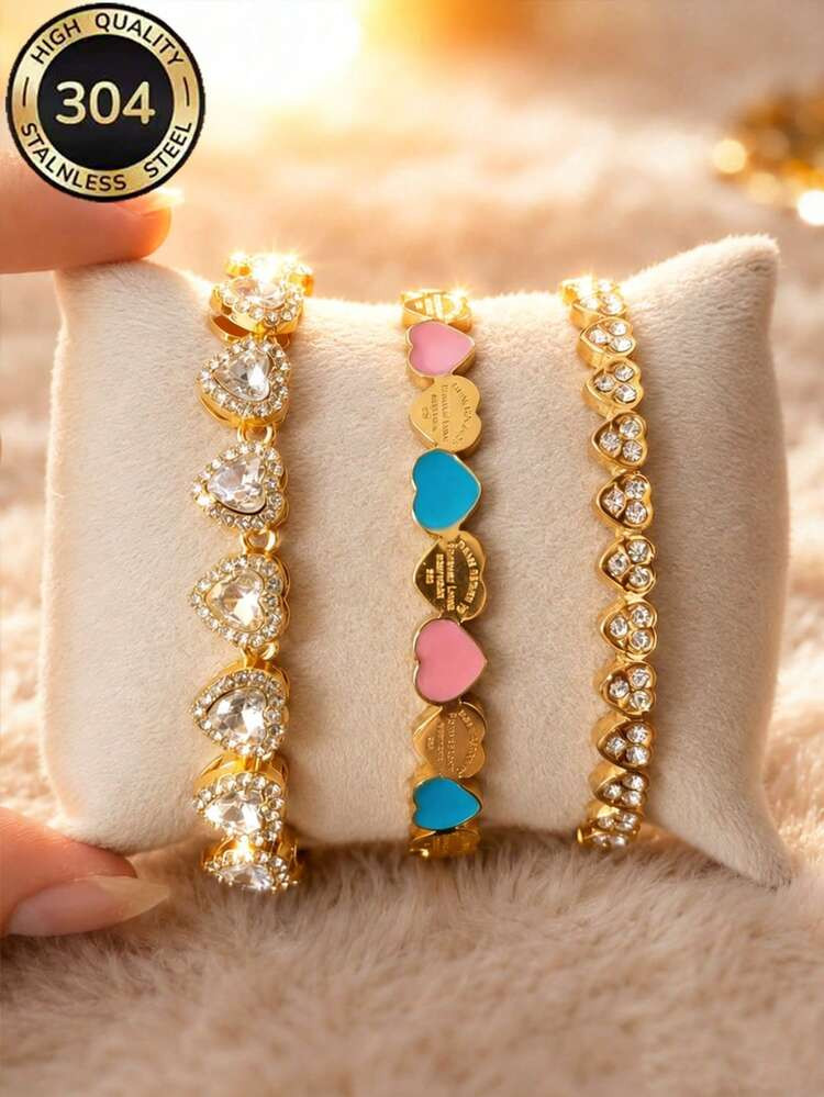 Znice 304 Stainless Steel 18K Gold Plated Colorful Rhinestone Heart Bracelet Set, Women's Stackab... | SHEIN