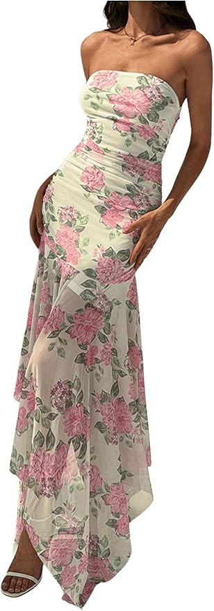 Floerns Women's Sleeveless Ruched Ruffle Asymmetrical Hem Mesh Evening Tube Dresses | Amazon (US)