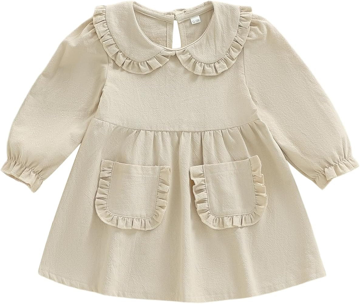 VISGOGO Toddler Baby Girl Dress Linen Long Sleeve Solid Color Girls 12 18M 2T 3T 4T 5T Dresses wi... | Amazon (US)