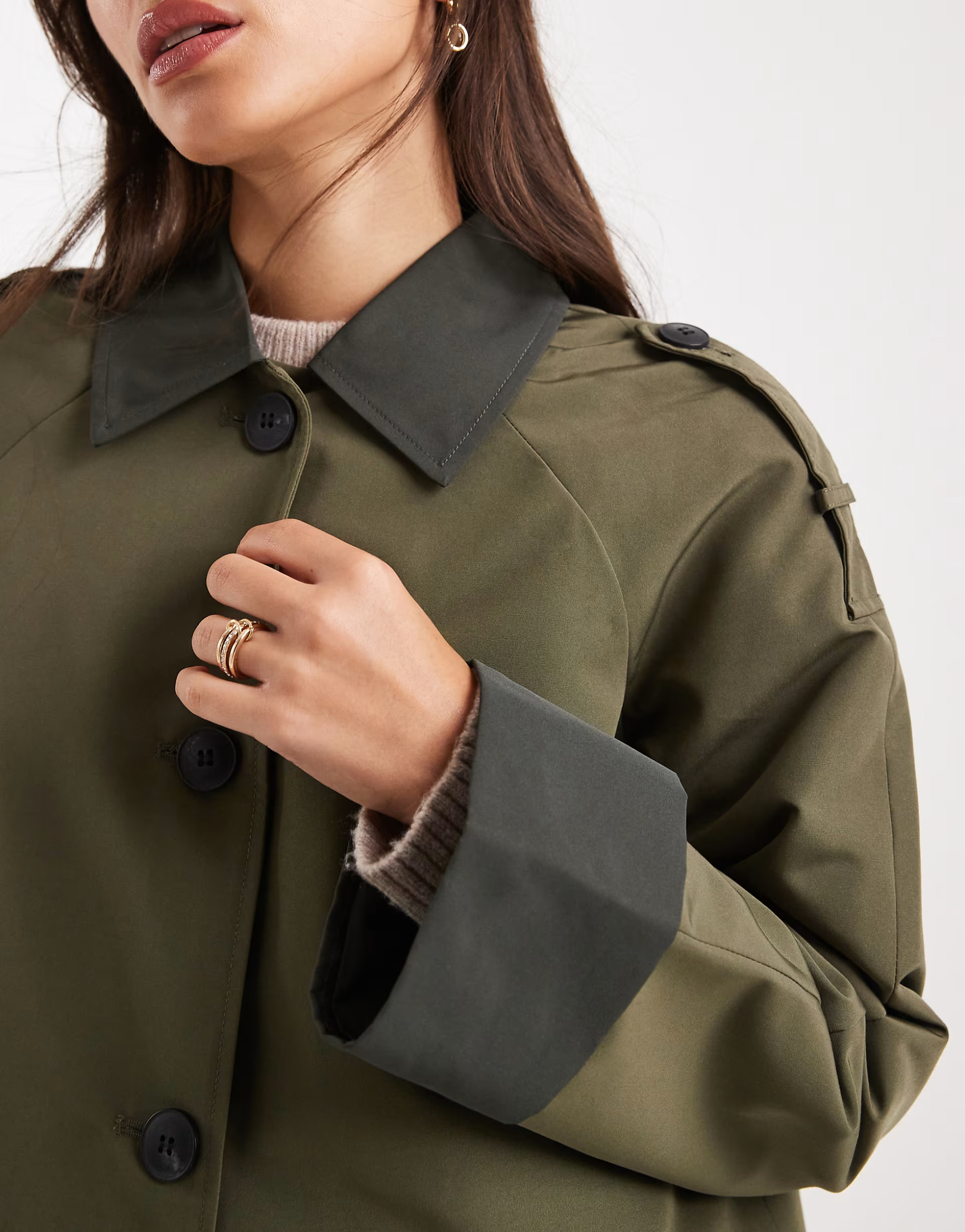 Vero Moda contrast collar button down trench coat in khaki | ASOS (Global)