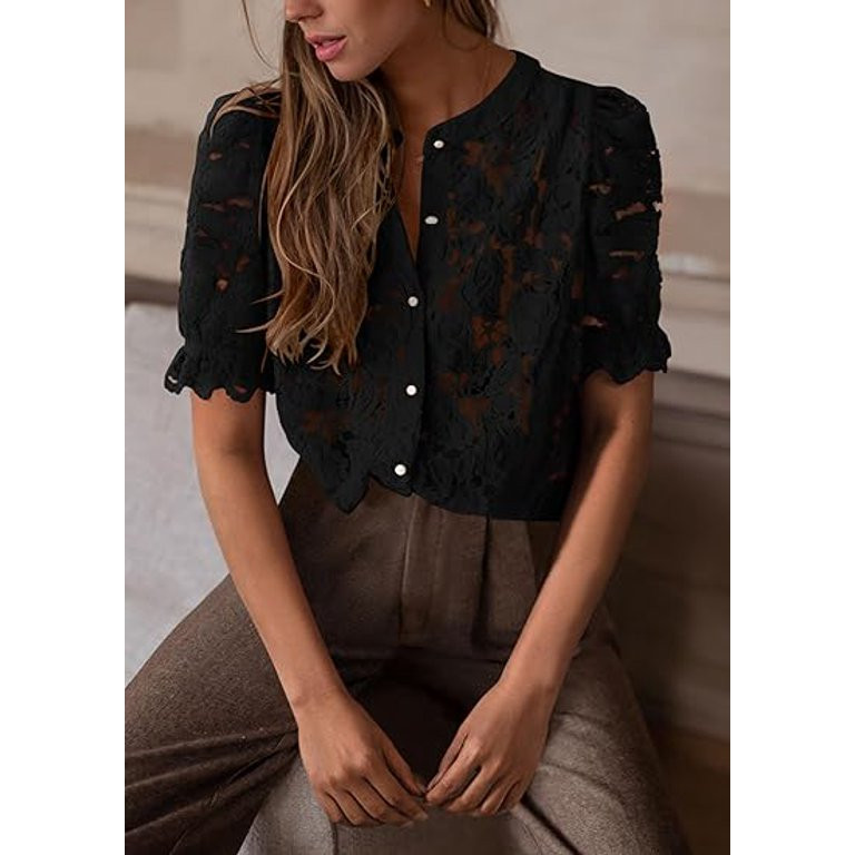 PRETTYGARDEN Womens Summer Lace Tops Short Puff Sleeve Casual Dressy Blouses Eyelet Crew Neck But... | Walmart (US)