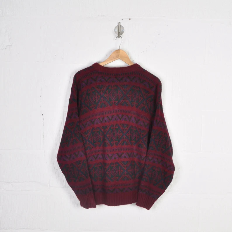 Vintage Knitted Jumper Retro Pattern Red XL - Etsy UK | Etsy (UK)