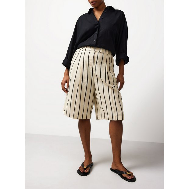 Cream Stripe Tailored Linen Blend Jorts 22 | Tu Clothing