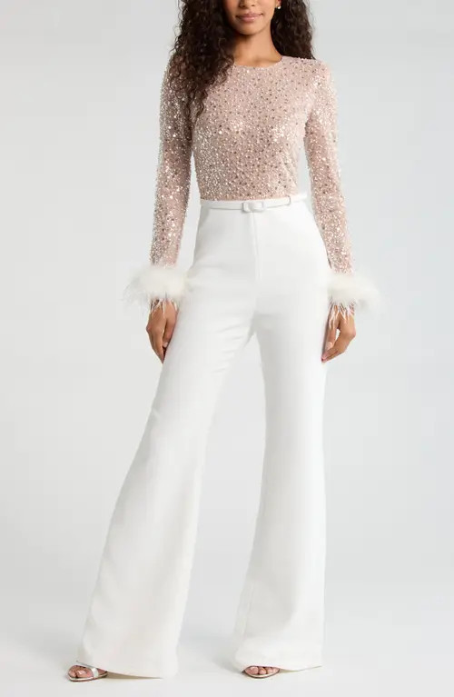 NADINE MERABI Amelia Sequin Flare Leg Jumpsuit in White at Nordstrom, Size 4 | Nordstrom