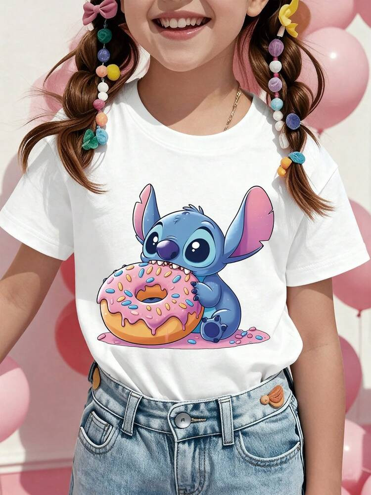 Disney Stitch With Donut Printed Pattern T-Shirts For Girls - Children's Clothing Design Short-Sleeved Casual And Cute Style Comfortable And Casual Wear All Year Round Suitable For Parties And Play Machine Washable Gift Children's Clothing Girls' Short-Sleeved Shirts | SHEIN