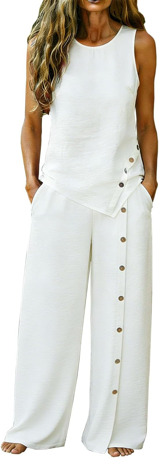 Linen Sets for Women 2 Piece Button Sleeveless Tank Tops with Wide Leg Pants Matching Set Casual ... | Amazon (US)