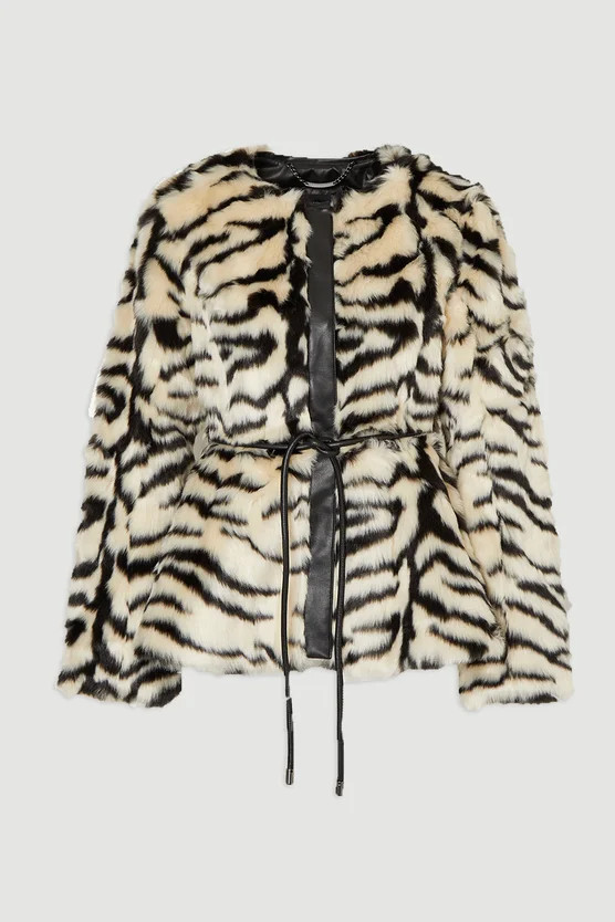 Faux Fur Zebra Collarless Coat | Karen Millen US