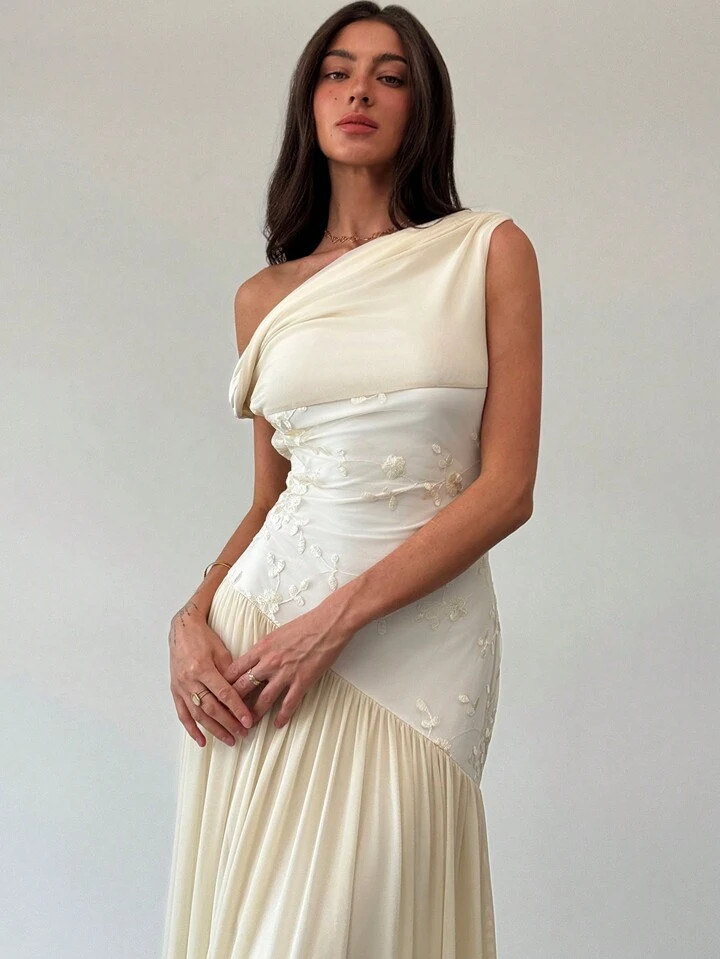 Aloruh New Off Shoulder Contrast Color Mesh Floral Embroidered Asymmetric Hem Maxi Stretch Dress,Summer Dresses Spring Clothes | SHEIN