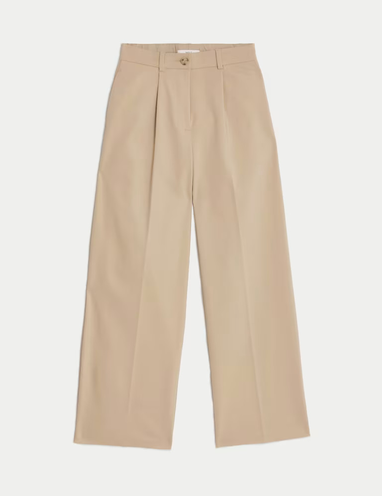 Cotton Blend Pleated Wide Leg Trousers | Marks & Spencer (UK)
