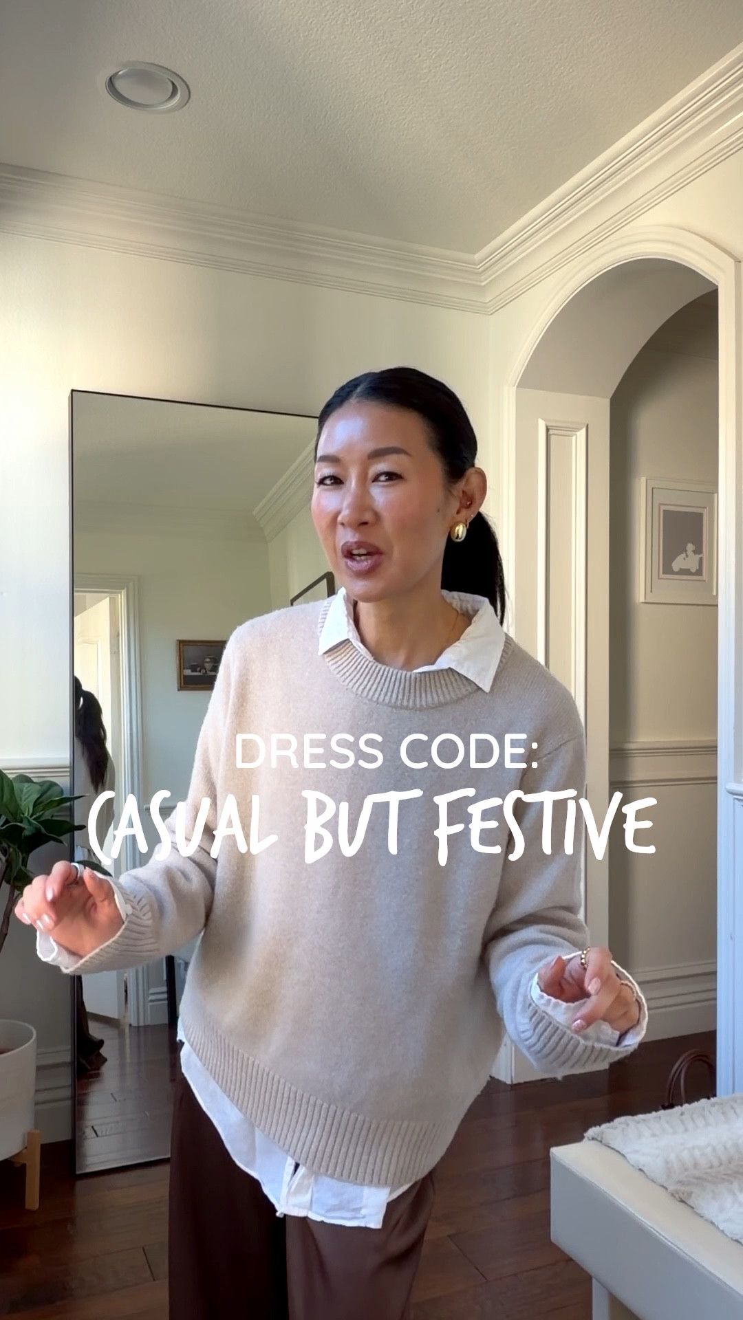 Dress code is casual but festive! Dressing for workwear, winter outfit or if you’re in LA like I am, changed it up for warmer temps.

Love these silk pants (under $40) - super comfy and drawstring but can be dressed up. Wearing small.

Been wearing this Quince cashmere sweater nonstop. It’s so good and affordable!

Love these new chocolate brown/ burgundy slingbacks that are perfect for winter!

Everything is linked below! #ltkover40 #ltkpetite

#LTKHoliday #LTKootd #LTKWorkwear