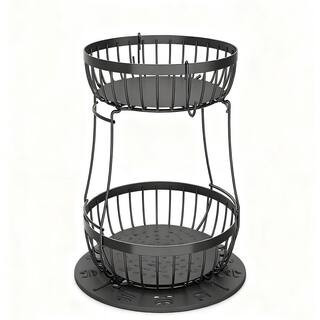2 Tiers Black Metal Fruit Basket for Kitchen Counter with 2 Banana Hangers, with Circular Feet, Metal Fruit Bowl | The Home Depot