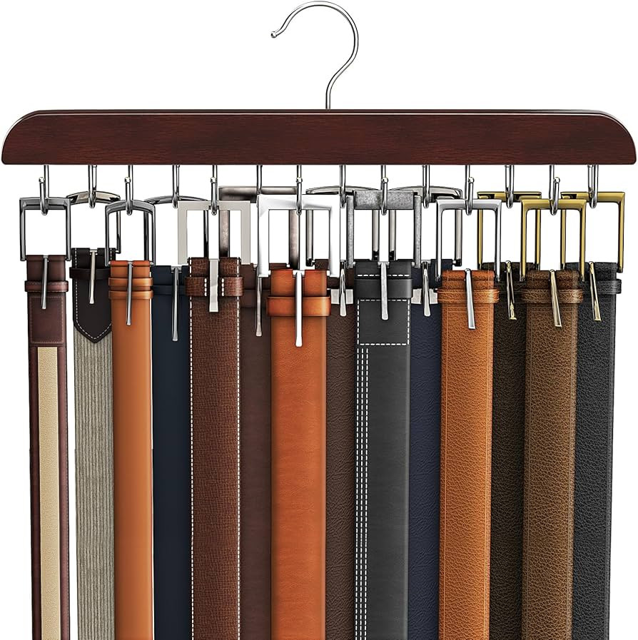 Belt Hanger for Closet, Sturdy Wood Belt Rack Closet Accessories with 14 Hooks Belt Organizer for... | Amazon (US)