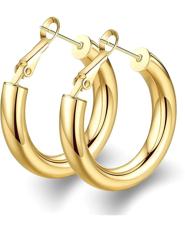 wowshow Thick Hoop Earrings Howllow 14K Gold Plated Gold Hoops for Women | Amazon (US)