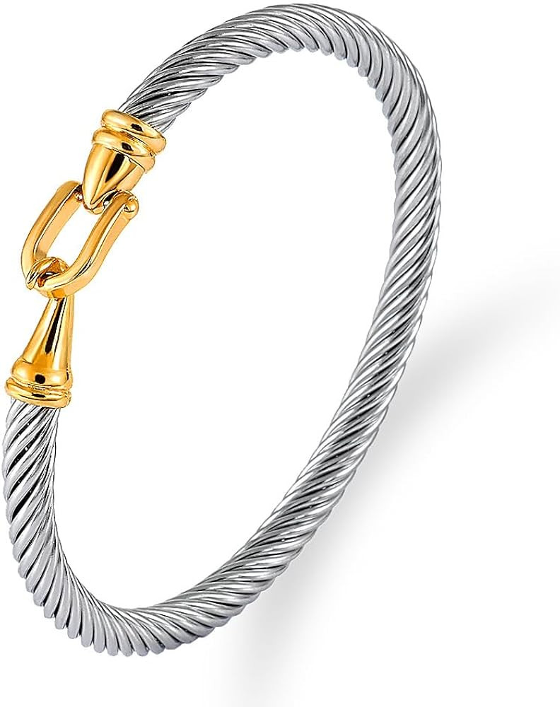 Stainless Steel Cable Wire Open Cuff Adjustable Size Bangle Zircon inlaid Bracelet | Amazon (US)