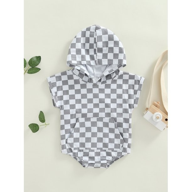 LSFYSZD Toddler Baby Boy Checkerboard Print Romper Short Sleeve Hooded Plaid Jumpsuit Bodysuit Ou... | Walmart (US)