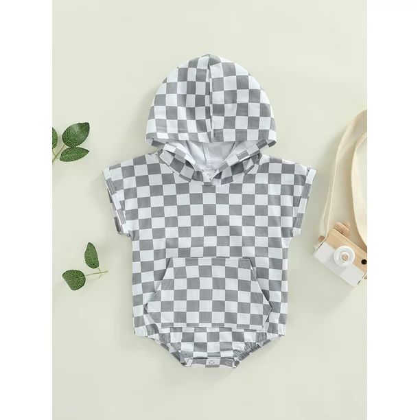 LSFYSZD Toddler Baby Boy Checkerboard Print Romper Short Sleeve Hooded Plaid Jumpsuit Bodysuit Ou... | Walmart (US)