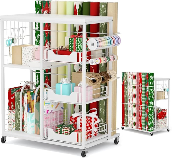 LUCKUP Rolling Wrapping Paper Organizer Cart – Gift Wrap Storage with Wheels, 20 Roll Holders, ... | Amazon (US)