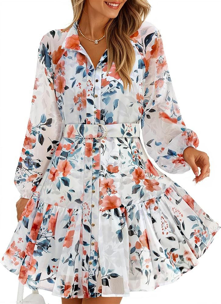 ZESICA Womens Spring Summer Floral Mini Dress Long Sleeve Button Chiffon A Line Swing Short Weddi... | Amazon (US)
