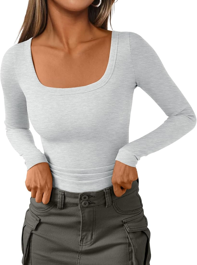 AUTOMET Womens Long Sleeve Shirts Square Neck Tops Ribbed Knit Fitted Casual Basic Tees Slim Fit ... | Amazon (US)