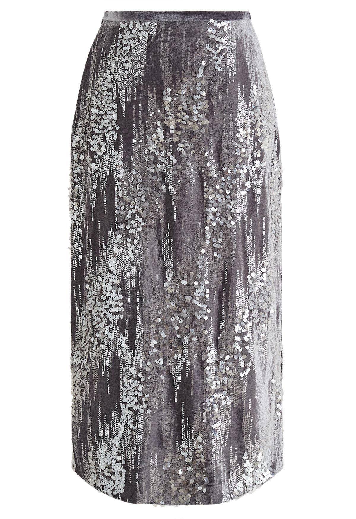 Velvet Sequins Embellished Pencil Skirt in Grey | Chicwish