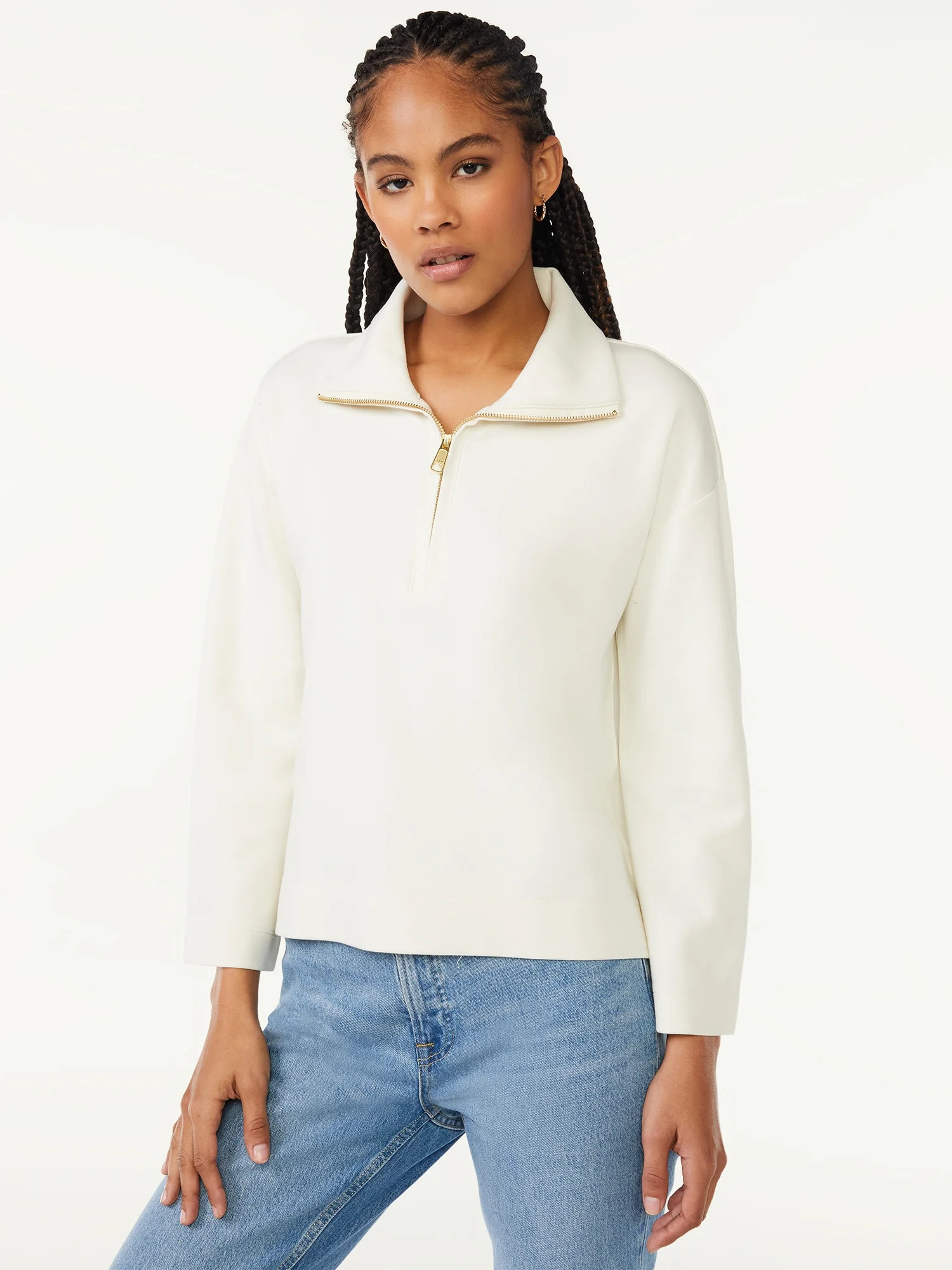 Free Assembly Women's Zip Front Mock Neck Top with Long Sleeves | Walmart (US)