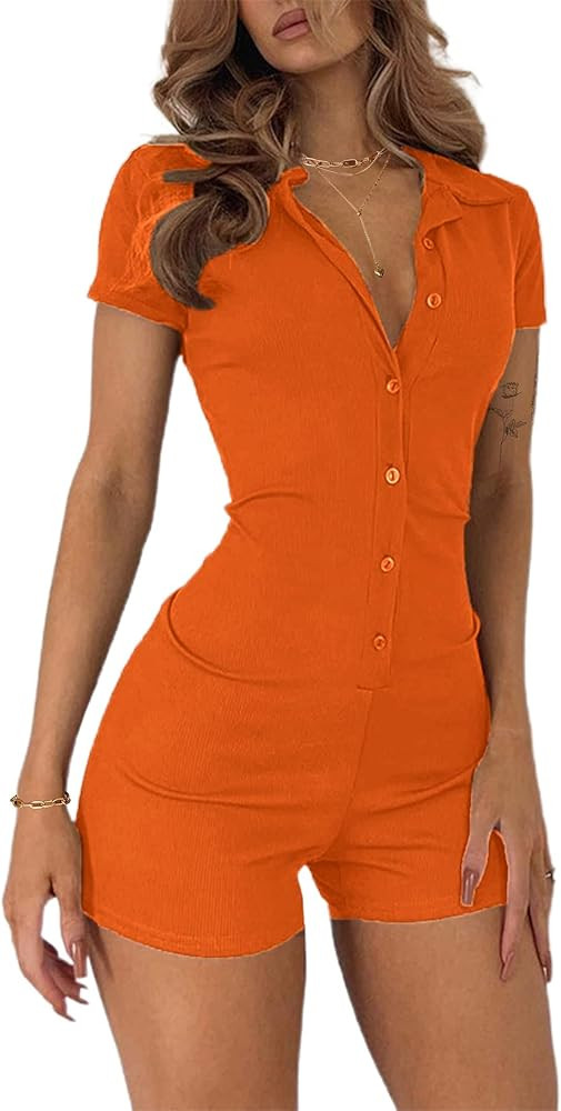 LilyCoco Womens Button Up Bodycon Romper Shorts Short Sleeve Collared Sexy One Piece | Amazon (US)