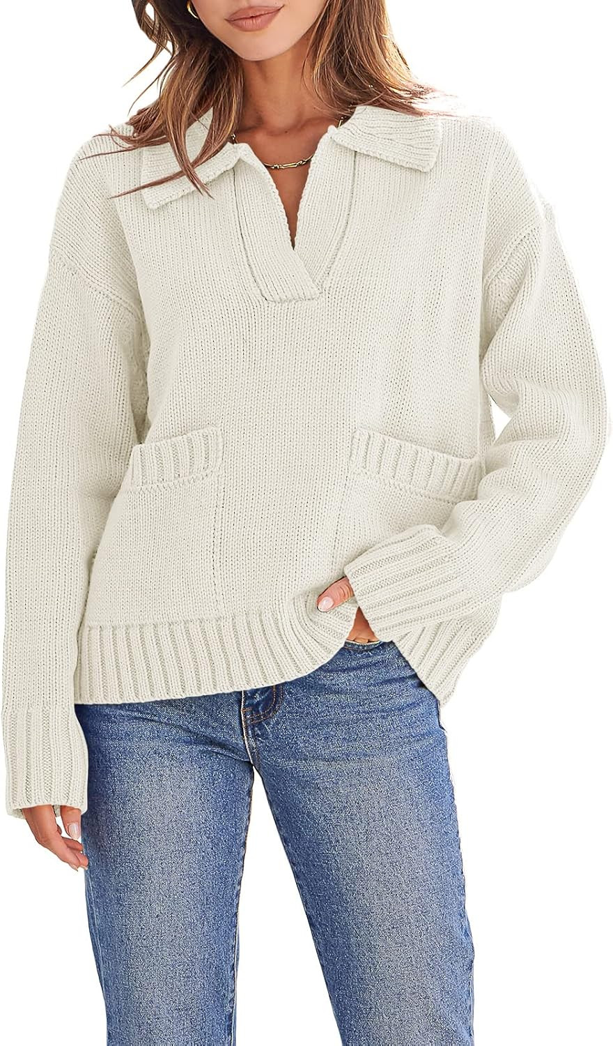 Caracilia Women's V Neck Knit Sweater Loose Long Sleeve Collared Pullover Jumper Tops with Pocket | Amazon (US)