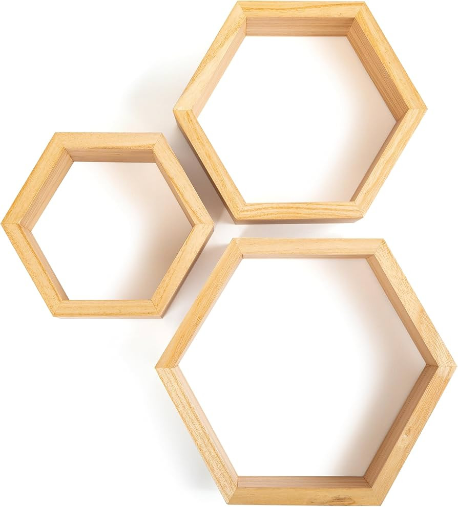 Hexagon Shelves (3-Pack) - Natural Color Honeycomb Shelves for Wall - Solid Paulownia Wood Shelf ... | Amazon (US)