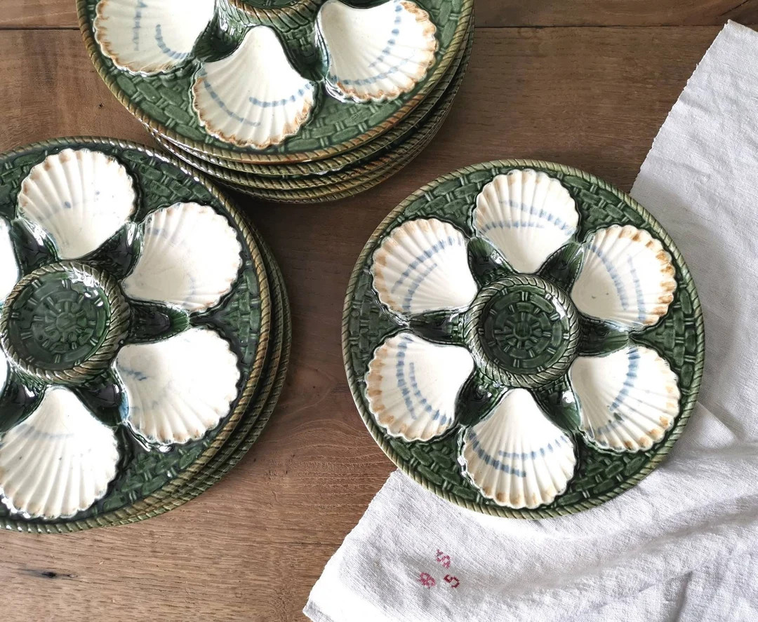 Rare ! French Antique Oyster Plate LONGCHAMP / Green and White Majolica Shell Plate / Shell Shape... | Etsy (US)