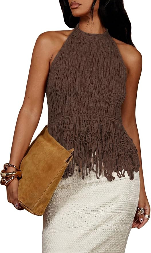 SweatyRocks Women's Boho Fringe Halter Tops Open Back Knit Crochet Tank Top | Tassel Knit Crochet... | Amazon (US)