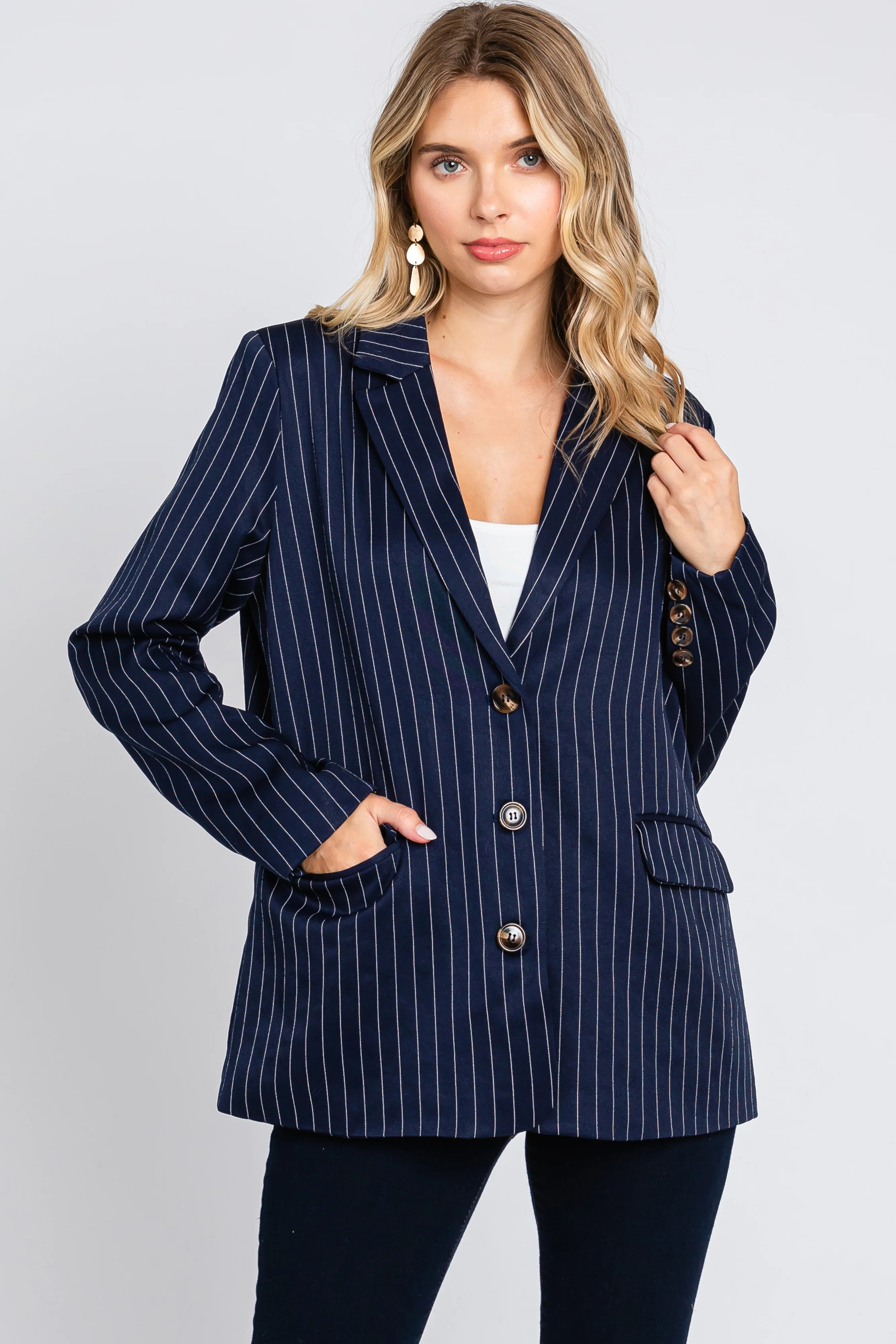 Navy Pinstripe Front Pocket Blazer | PinkBlush Maternity
