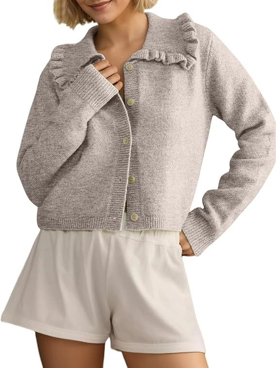 Womens Ruffle Collar Cardigan Sweater Button Up Open Front Fall Knit Jackets Cute Long Sleeve But... | Amazon (US)