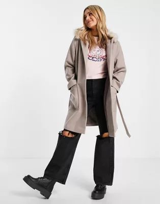 Miss Selfridge faux fur collar skater wrap coat in mink | ASOS (Global)