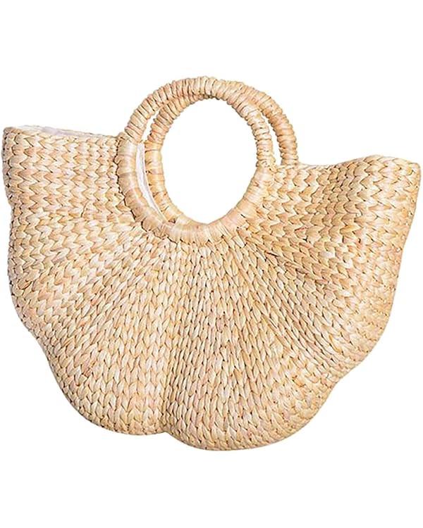 Straw Tote Bag for Women Handmade Straw Rattan Woven Handbag Summer Beach Bag Moon Shape Tote Bag... | Amazon (US)