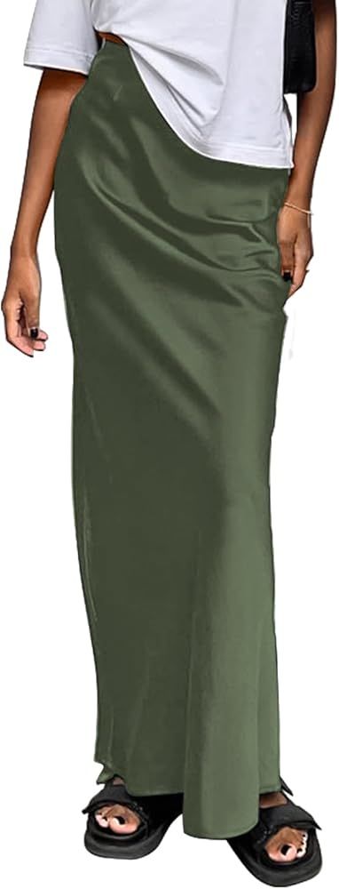 Women's Satin Silky High Waist Maxi Skirt Elegant Elastic Waistband A Line Long Skirts | Amazon (US)