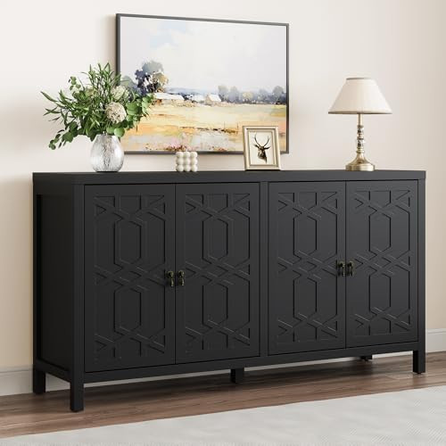 RoyalCraft Buffet Cabinet with Storage, 60" W Modern Coffee Bar Sideboard with 4 Doors & Adjustable Shelves, Painted Wooden Credenza for Dining Room, Kitchen, Living Room, Entryway, Black | Amazon (US)
