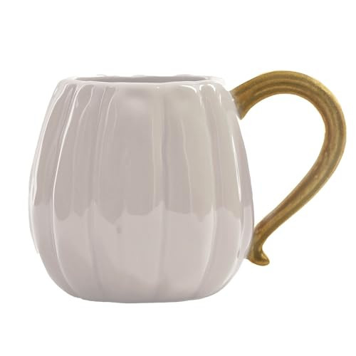 Mary Square Fall Harvest 12 Ounce Glossy Ceramic Coffee Cup Mug With Stem Handle, Classic White, Gold Tone, Pumpkin Design | Amazon (US)