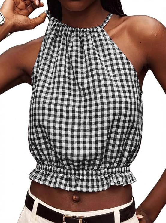 IDEALSANXUN Womens Crop Linen Halter Tops Summer High Neck Tank Tops Sleeveless Shirts | Amazon (US)