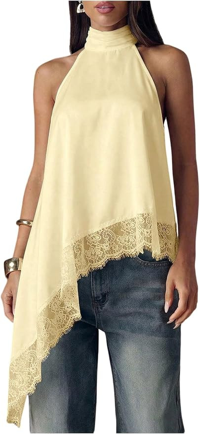 Milumia Women's Halter Neck Sleeveless Top Lace Asymmetrical Hem Summer Going Out Tank Tops | Amazon (US)
