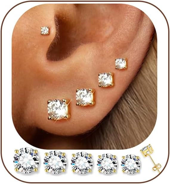5 Pairs 14K Gold Plated Stud Earrings for Women, Hypoallergenic Earring Sets for Multiple Piercin... | Amazon (US)